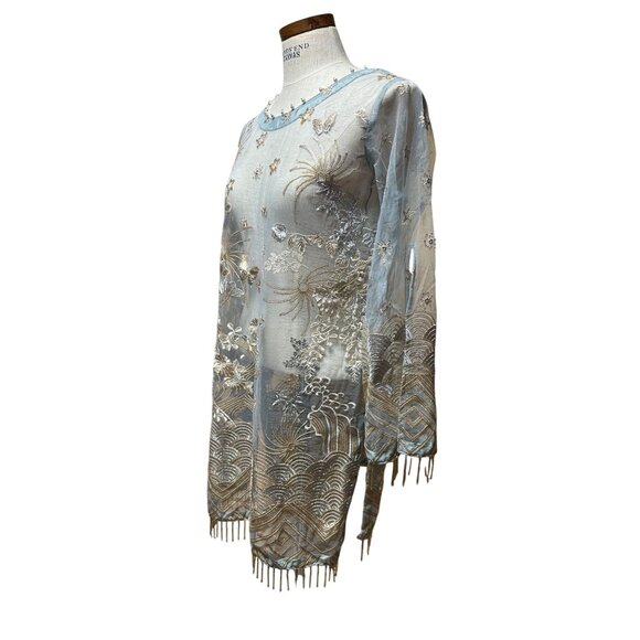 Anum Jung Blue Embroidered Beaded Kurta Unlined Tunic Blouse M - Picture 6 of 10